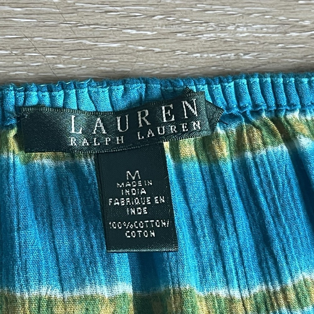 Lauren Ralph Lauren Turquoise  Stripe Crinkled Cotton Peasant Top Med Sheer NWT - Picture 4 of 7
